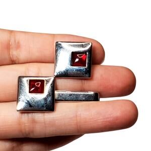 Incomplete Cufflink Tie Clip Set Red Rhinestone Silver Tone Vtg Unsigned 1.5"